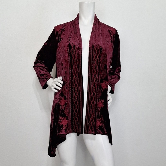 Andrew by Unit Velvet Embroidered Bohemian Burgundy Open Front Duster Size L - Picture 1 of 13
